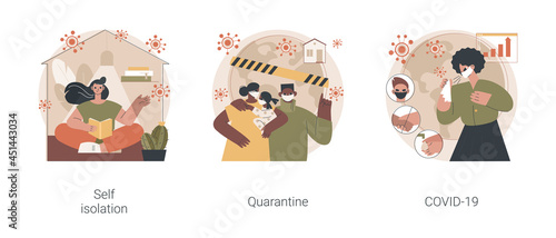 Coronavirus world pandemic abstract concept vector illustration set. Self isolation, quarantine, COVID-19, stay safe at home, social distancing, government strict measures abstract metaphor.