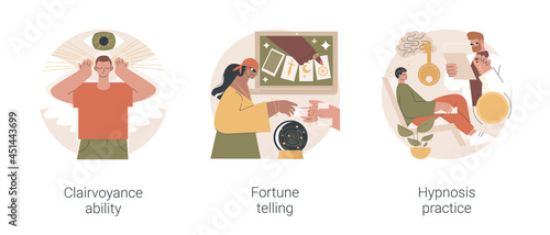 Alternative spiritual practices abstract concept vector illustration set. Clairvoyance ability, fortune telling, hypnosis practice, extrasensory ability, tarot reading services abstract metaphor.