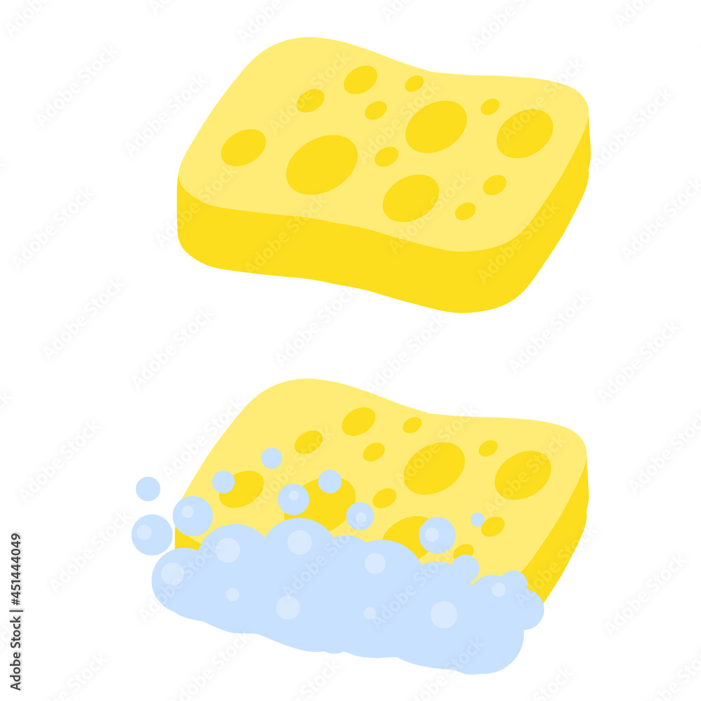 Sponge with foam. Set of kitchen and bathroom elements. Flat cartoon illustration. Yellow tool for cleaning. Detergent with soap
