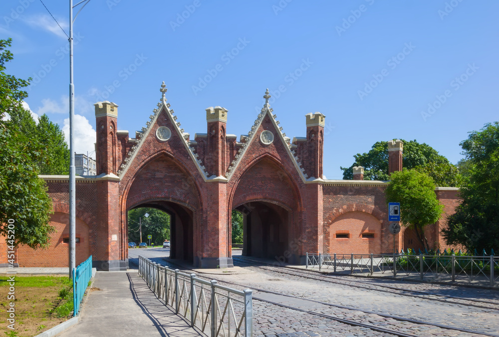 Brandenburg Gate- fortifications of Koenigsberg, neo-gothic 19th century. Kaliningrad, Russia.