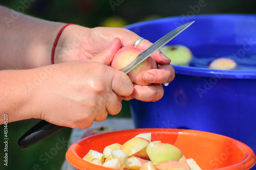 A woman with a knife in her hand is cutting apples for jam in the yard. Concept-healthy food