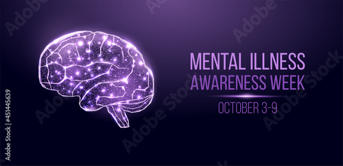 Mental illness awareness week concept. Banner with glowing low poly wireframe brain. Futuristic modern abstract. Isolated on dark blue background. Vector illustration.