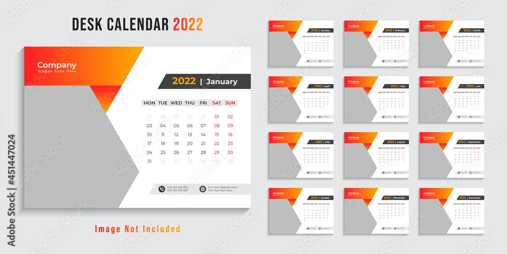Desk calendar template for 2022 year. Set of 12 months. 2022. Week starts on monday.Print ready editable calender. Planner design.