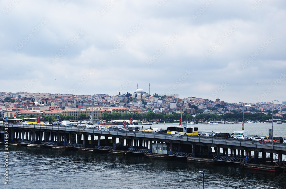 Panoramic view of the bridge over the Golden Horn. Movement across the bridge. 09 July 2021, Istanbul, Turkey