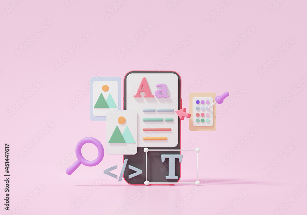 UI-UX design. Mobile system application software development concept. on Smartphone .Modern user interface cartoon style minimal. 3D rendering illustration UI-UX design. Mobile system application software development concept. on Smartphone .Modern user interface cartoon style minimal. 3D rendering illustration