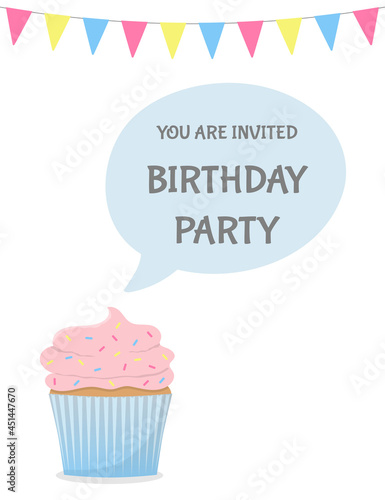Birthday party invitation with colorful cupcake. 