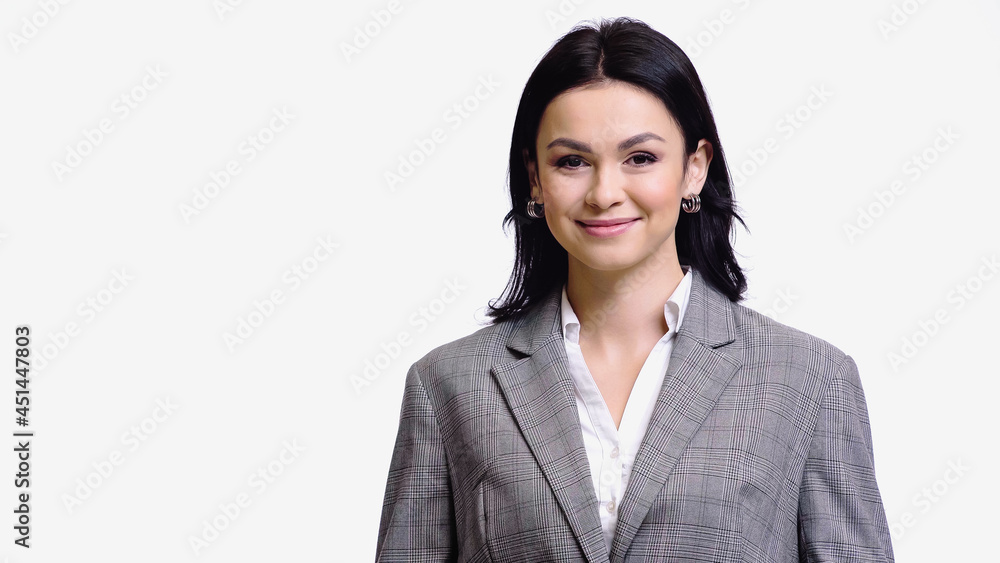 Smiling woman in jacket looking at camera isolated on white. Smiling woman in jacket looking at camera isolated on white.