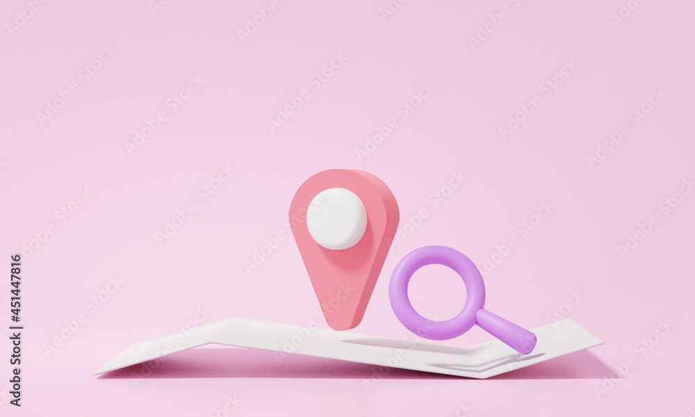 Minimal cartoon style pin pointer and Map location search GPS, travel navigation concept. Paper map, banner, website, on pink background. 3d render. illustration