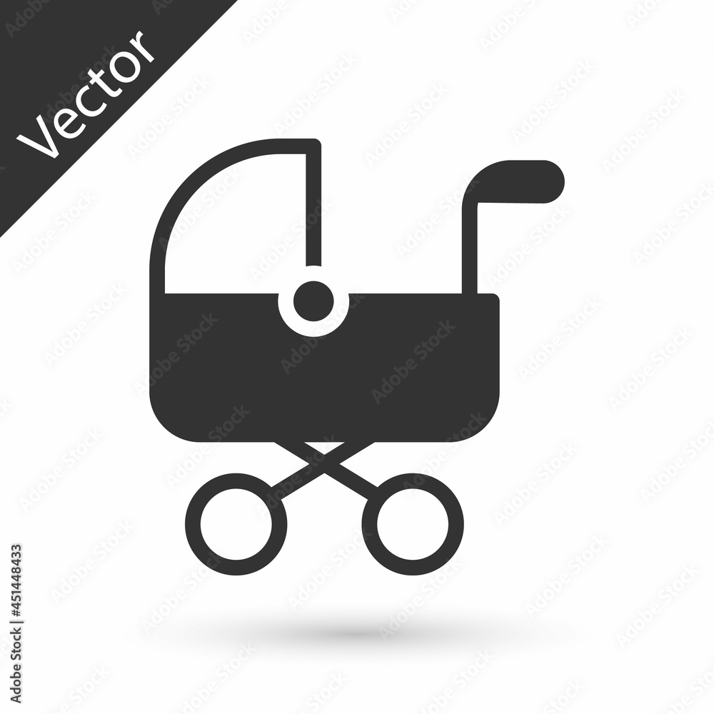 Grey Baby stroller icon isolated on white background. Baby carriage, buggy, pram, stroller, wheel. Vector Grey Baby stroller icon isolated on white background. Baby carriage, buggy, pram, stroller, wheel. Vector