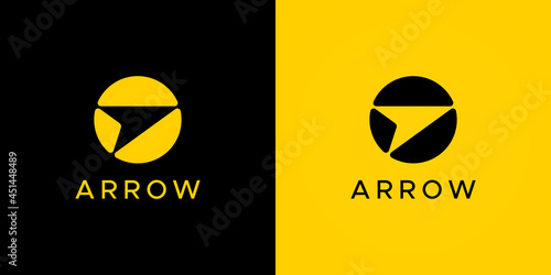 Simple Arrow Up Logo. Black and Yellow Circle Shape with Negative Space Arrow inside isolated on Double Background. Usable for Business and Branding Logos. Flat Vector Logo Design Template Element.