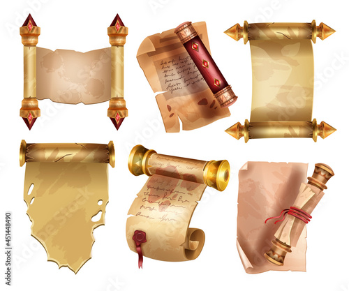 Old parchment paper set, vector papyrus scroll, ancient document game design elements on white. Antique vintage manuscript roll, medieval empty letter kit, royal diploma. Old parchment icons
