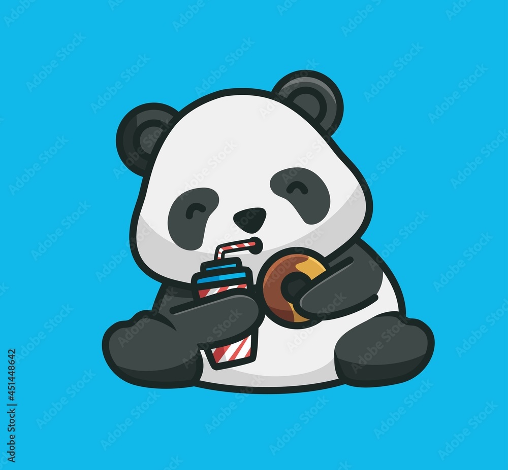 Cartoon Cute panda holding and eating a donut with a drink. cartoon animal food concept Isolated illustration. Flat Style suitable for Sticker Icon Design Premium Logo vector. Mascot Character Cartoon Cute panda holding and eating a donut with a drink. cartoon animal food concept Isolated illustration. Flat Style suitable for Sticker Icon Design Premium Logo vector. Mascot Character
