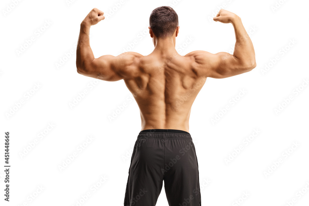 Rear view of a bodybuilder shirtless flexing muscles Rear view of a bodybuilder shirtless flexing muscles