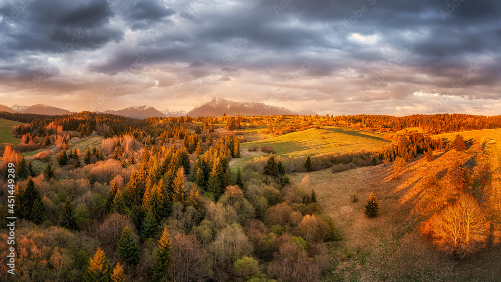 sunset on the meadows below the Tatras below the peak of Krivan