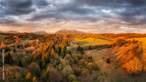 sunset on the meadows below the Tatras below the peak of Krivan