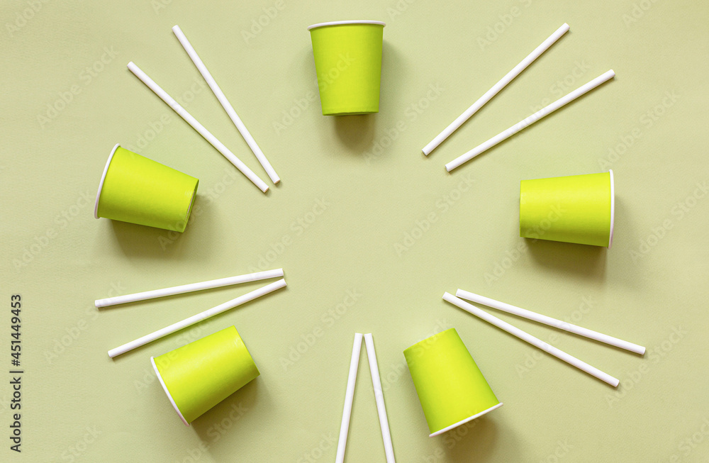 Eco friendly paper cups and drinking straws. Flat lay. Copy space for your text. Eco friendly paper cups and drinking straws. Flat lay. Copy space for your text.