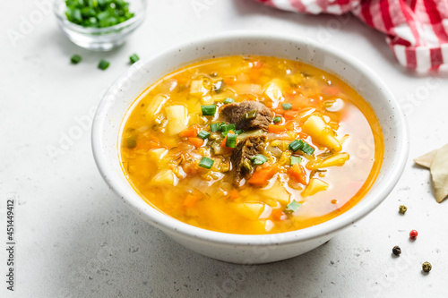 Sweet potato chick pea red lentil soup. Copy space.