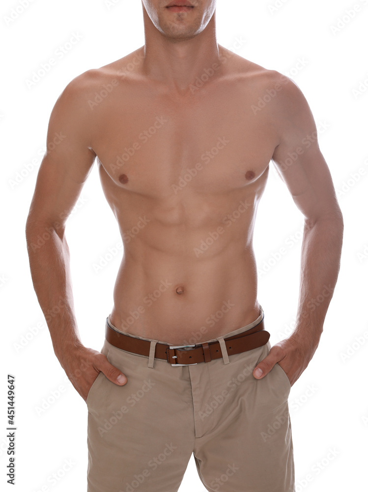 Shirtless man with slim body isolated on white, closeup