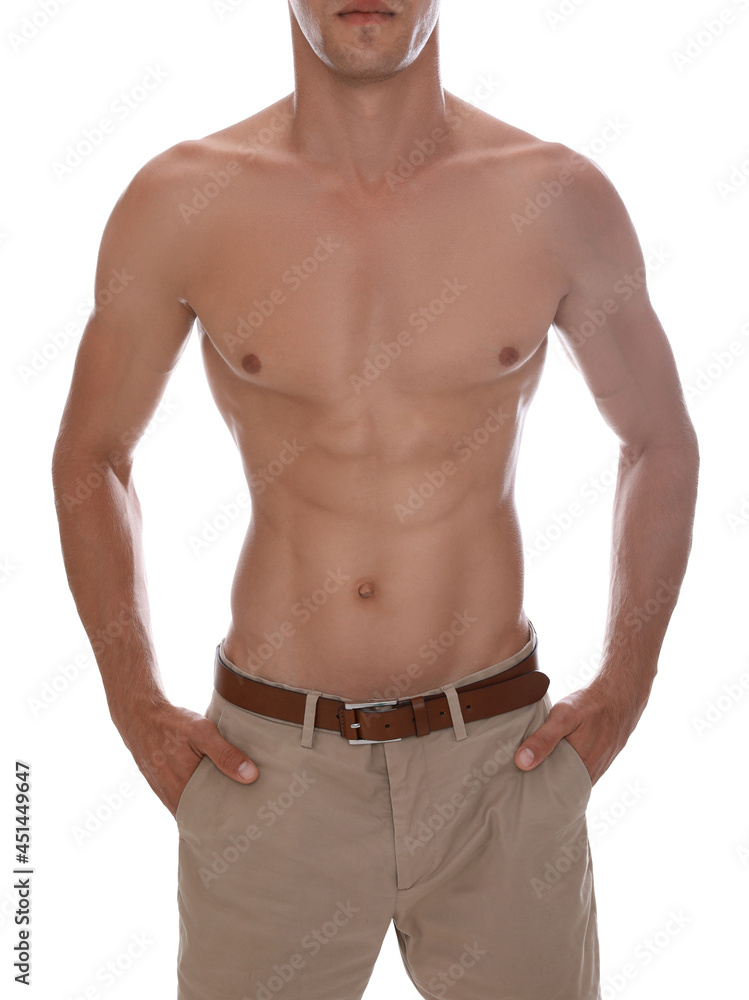 Shirtless man with slim body isolated on white, closeup Shirtless man with slim body isolated on white, closeup