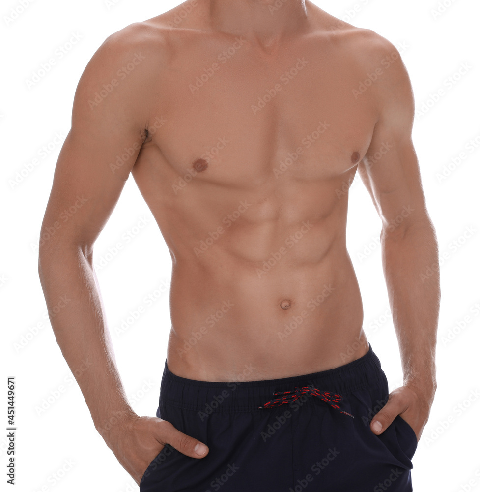 Shirtless man with slim body isolated on white, closeup