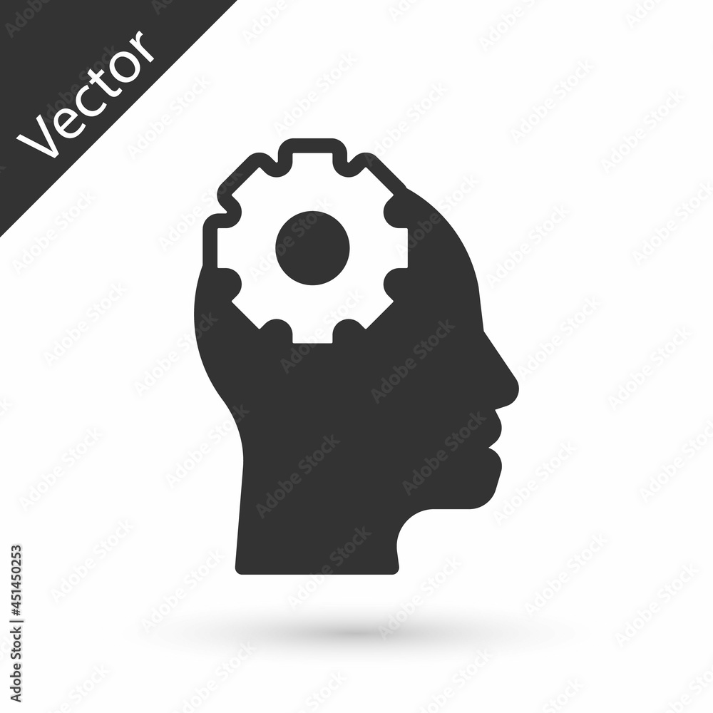 Grey Human head with gear inside icon isolated on white background. Artificial intelligence. Thinking brain. Symbol work of brain. Vector