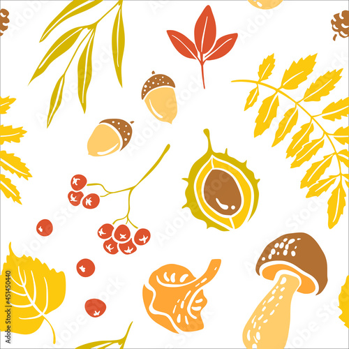 Seamless pattern with autumn leaves, seeds, mushrooms and fruits. Colorful paper cut fall woods collection isolated on white background. Doodle hand drawn vector illustration.