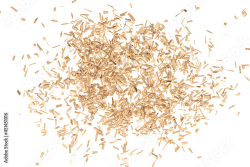 Oak chips sawdust isolated white background. small wood chips for smoking. sawdust texture . ecological fuel photo