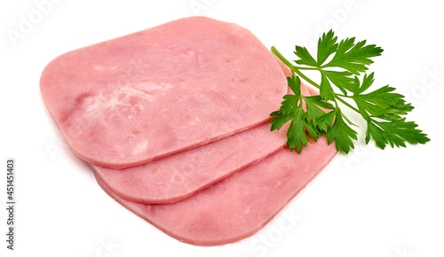 Ham slices, isolated on white background. High resolution image.