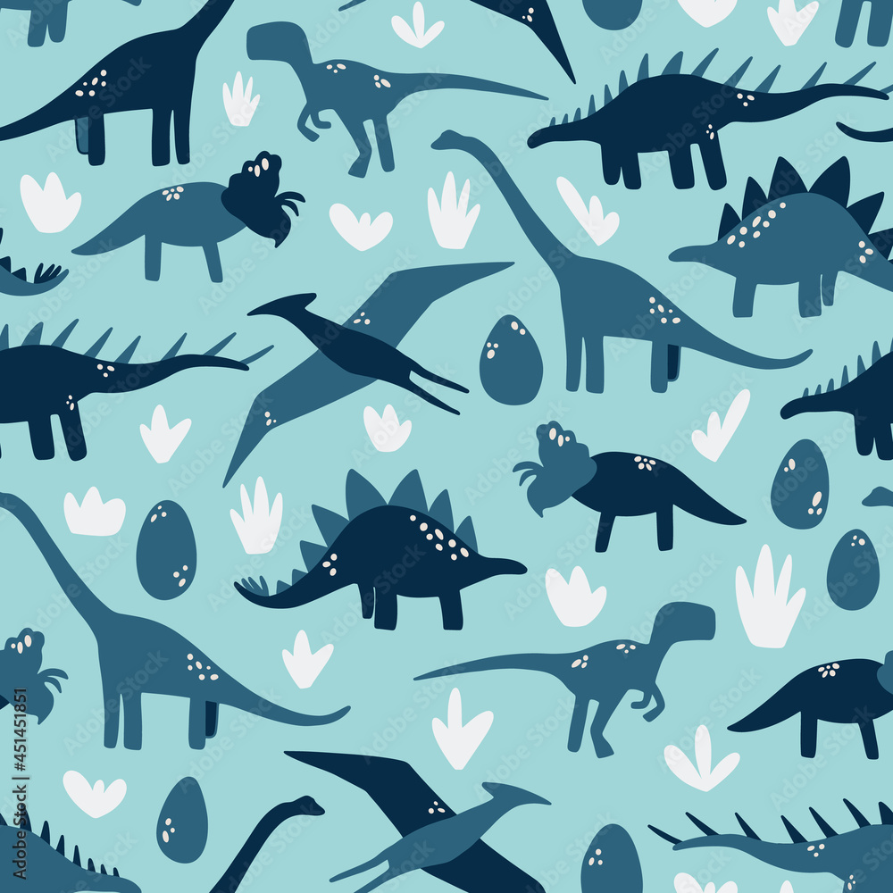Naklejka premium Sky blue dinosaur kids seamless pattern background