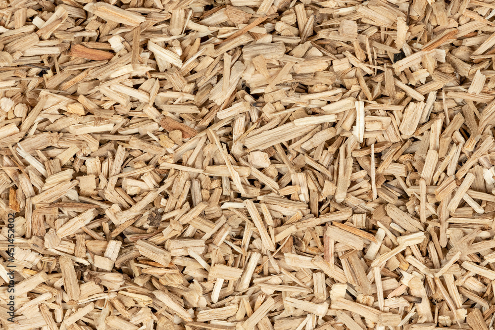 Oak chips sawdust texture. small wood chips for smoking. sawdust background. ecological fuel