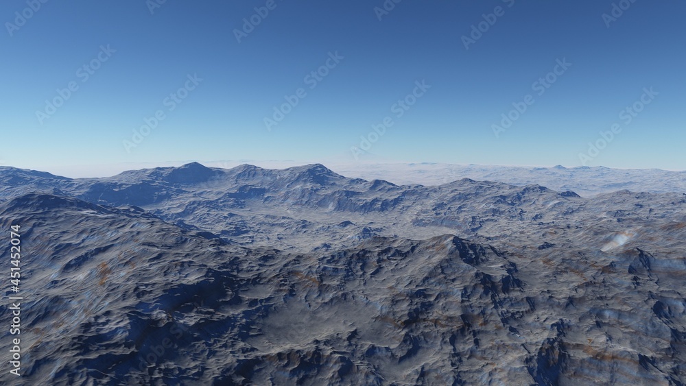 Exoplanet fantastic landscape. Beautiful views of the mountains and sky with unexplored planets