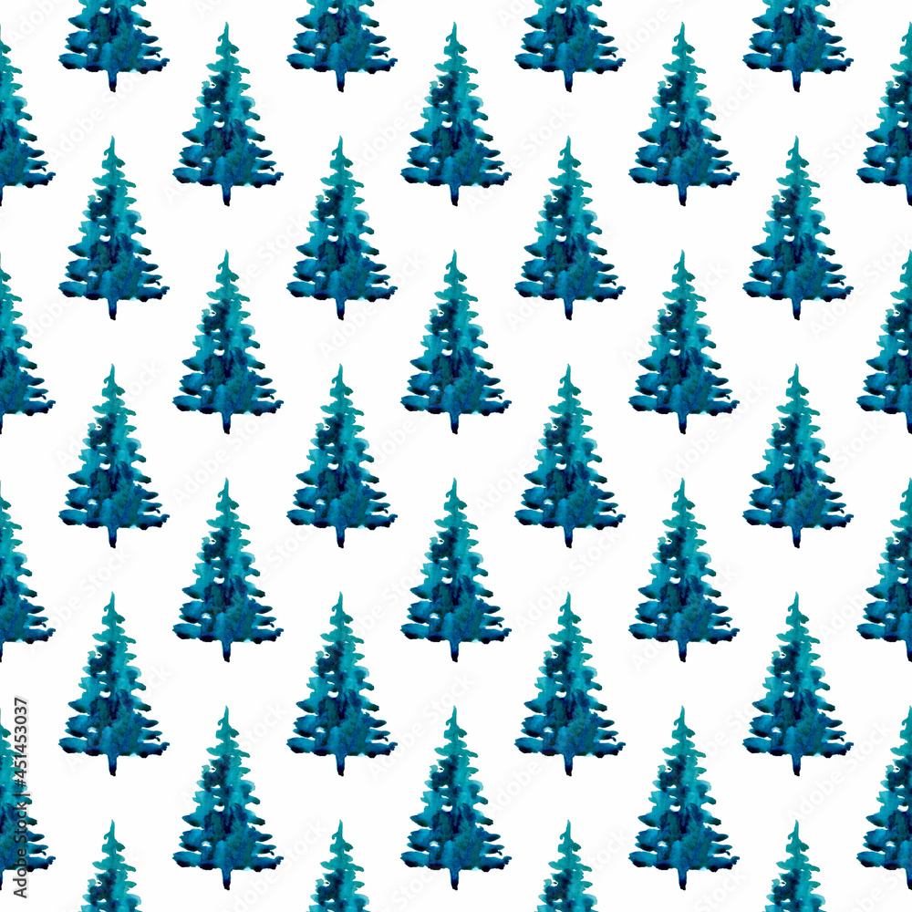 Fototapeta premium XMAS watercolor Pine Tree Seamless Pattern in Blue Color. Hand Painted fir tree background or wallpaper for Ornament, Wrapping or Christmas Gift