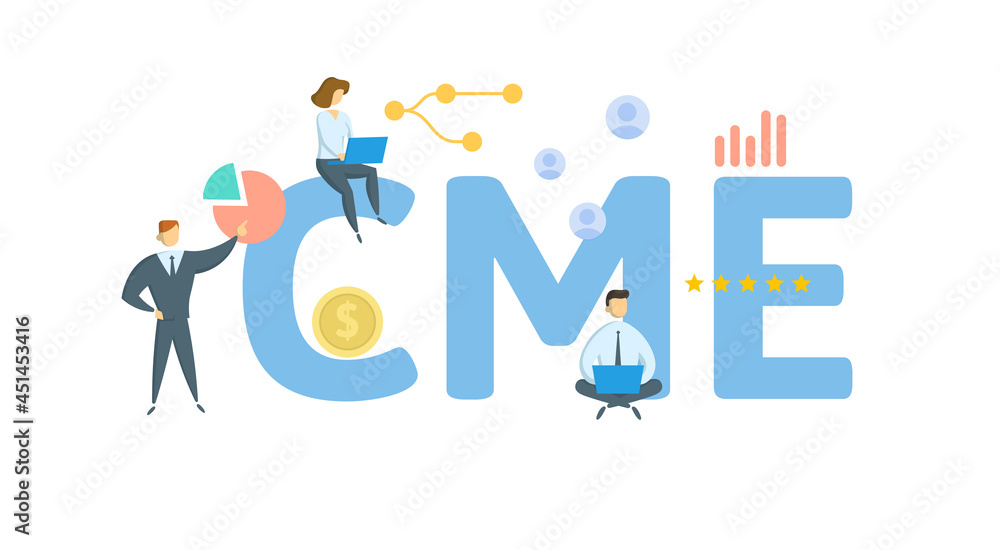 CME, Chicago Mercantile Exchange. Concept with keyword, people and icons. Flat vector illustration. Isolated on white. CME, Chicago Mercantile Exchange. Concept with keyword, people and icons. Flat vector illustration. Isolated on white.