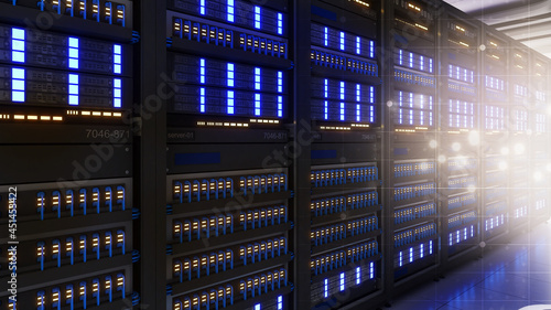 Shot of Data Center With Multiple Rows of Fully Operational Server Racks. Modern Telecommunications, Artificial Intelligence,3d rendering