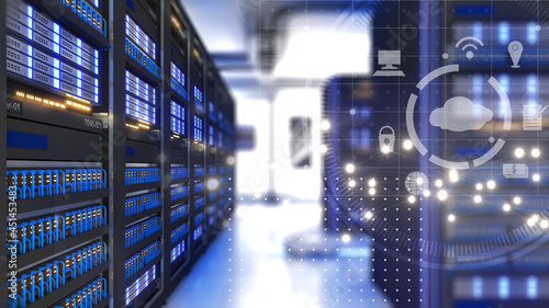 Shot of Data Center With Multiple Rows of Fully Operational Server Racks. Modern Telecommunications, Artificial Intelligence,Cloud system, security system, location,3d rendering