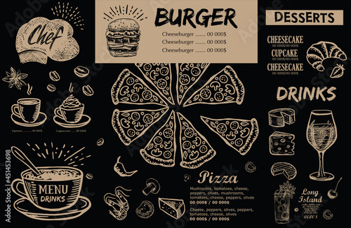 Restaurant menu, template design.. Food flyer. Hand-drawn style. Vector illustration.	
