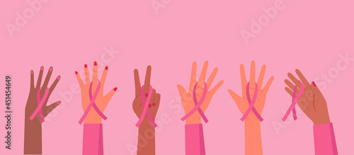 Breast cancer awareness month concept, multiethnic woman hands holding pink ribbon symbol to support and fight for health cancer, vector flat illustration