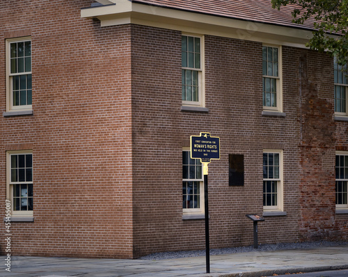 Historical Marker at the Women's Rights National Historical Park, Seneca Falls, New York. Marker reads: 