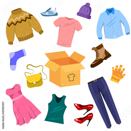 Used clothes for donating or recycling vector illustrations set. Container for dress collection, shirt, sweater or sweatshirt, hat isolated on white background. Charity, fashion, donation concept