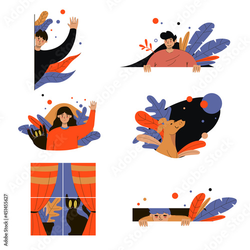 Cute peeping cartoon characters vector illustrations set. Boy hiding behind wall or bush, spying or sneaking around, girl waving, cat peeking out of window. Secret, curiosity, discovery concept
