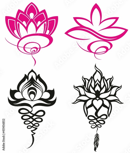Set of stylized lotuses. Collection of lotus flowers for a logo. Tattoo.