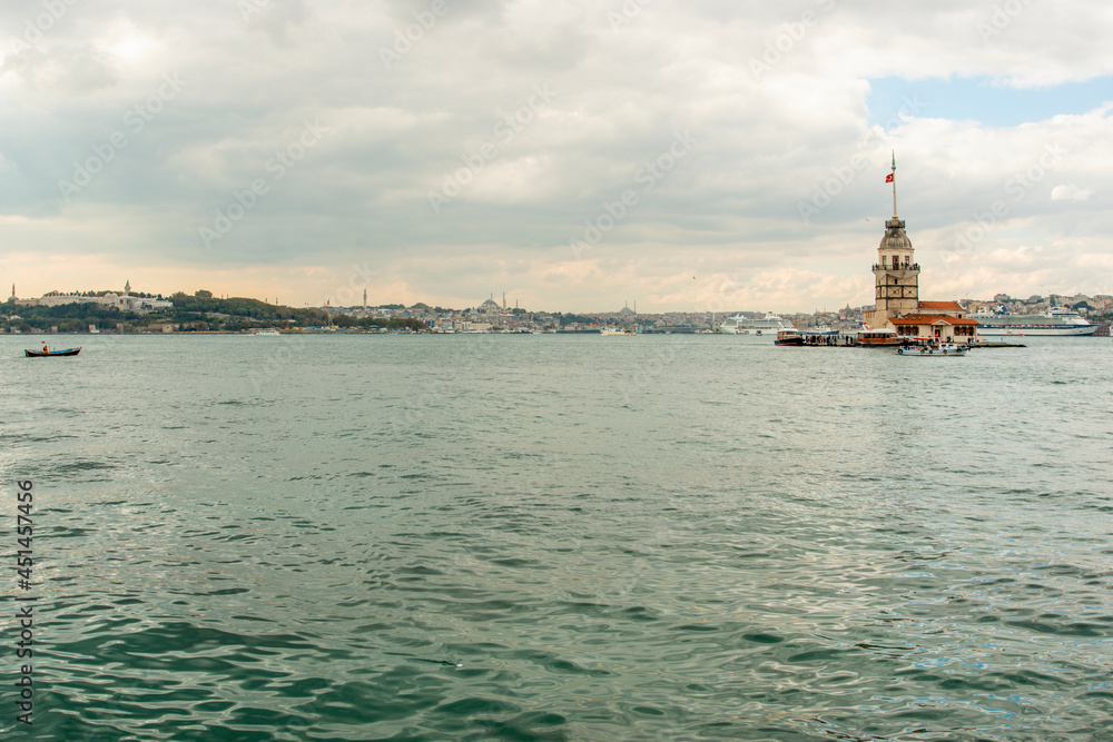 Maiden's Tower at the southern entrance to the Bosphorus Strait and in the background the Golden Horn and the European area of Istanbul
