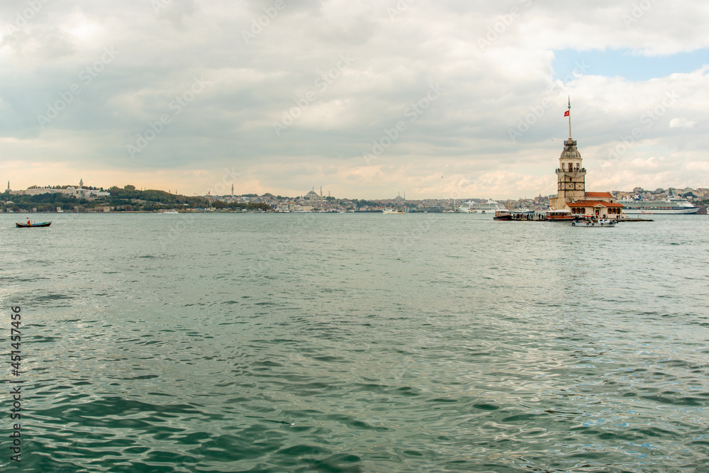 Maiden's Tower at the southern entrance to the Bosphorus Strait and in the background the Golden Horn and the European area of Istanbul Maiden's Tower at the southern entrance to the Bosphorus Strait and in the background the Golden Horn and the European area of Istanbul