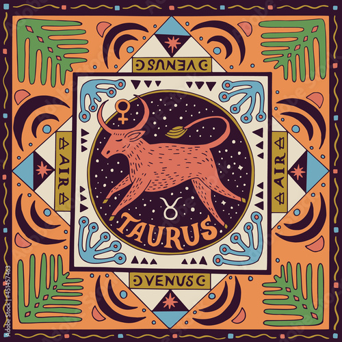 Taurus zodiac sign. Horoscope. Illustration for souvenirs and social networks.