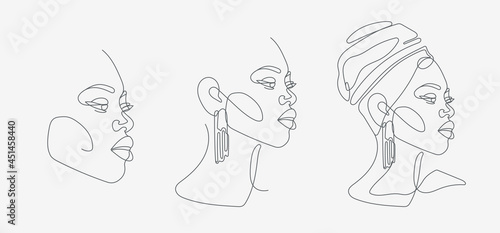 Woman head portrait set. Minimal, simple and complex illustrations. Continuous line drawing. 