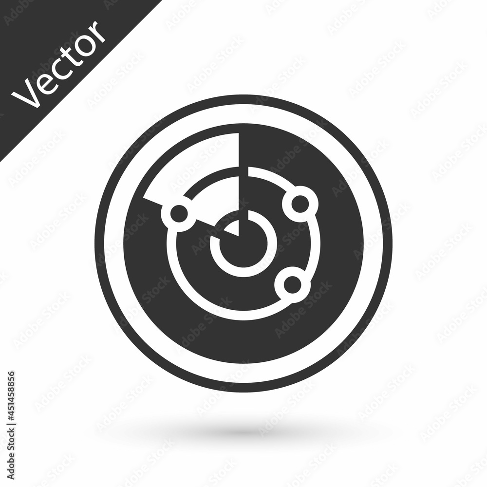 Grey Radar with targets on monitor in searching icon isolated on white background. Search system. Navy sonar. Vector Grey Radar with targets on monitor in searching icon isolated on white background. Search system. Navy sonar. Vector