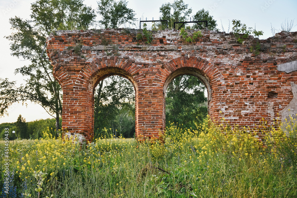 part of a ruined red brick wall surrounded by greenery