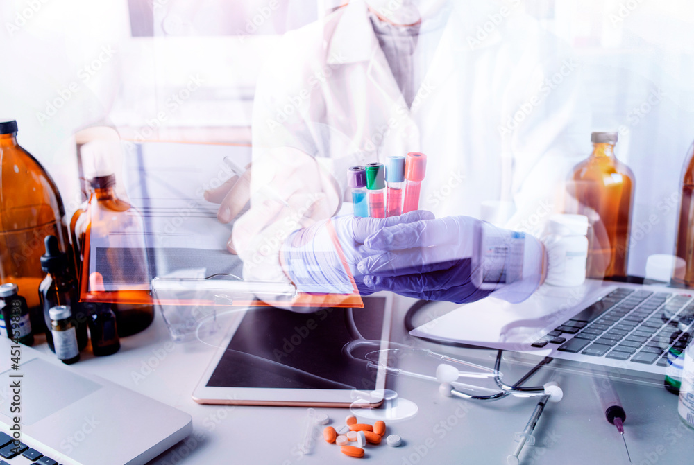 Medicine doctor and vaccine dose flu shot drug syringe in laboratory, microbiology and pharmaceutical research, medical and healthcare. Medicine doctor and vaccine dose flu shot drug syringe in laboratory, microbiology and pharmaceutical research, medical and healthcare.