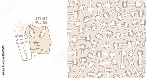 Set of vector illustrations. Fitness, gym, workout at home, and self-care. Seamless pattern with dumbbells. Linear drawing. Sports top, protein shaker, and lettering. Inscription Let's get moving.