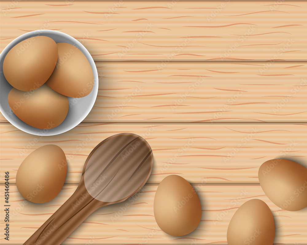 Top view of fresh eggs on wooden table, vector illustration Top view of fresh eggs on wooden table, vector illustration